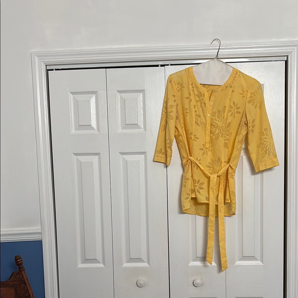 New York & Company Yellow Tie Front Blouse with Mandarin Collar